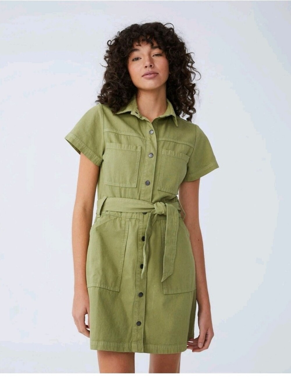 Cotton On Short Sleeve Utility Mini Dress w Waist Tie Moss Green - Size Medium